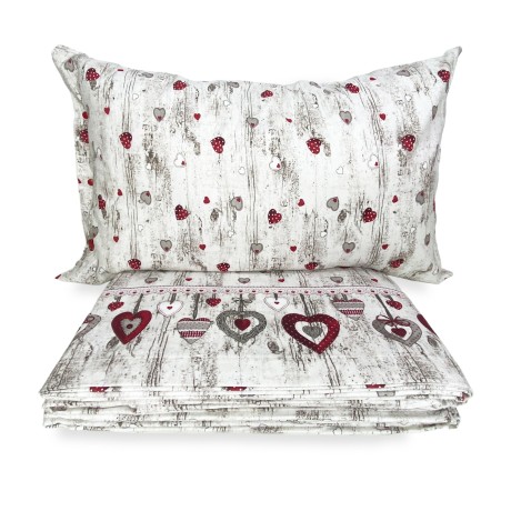 completo letto in flanellla stampato con cuori sul rosso