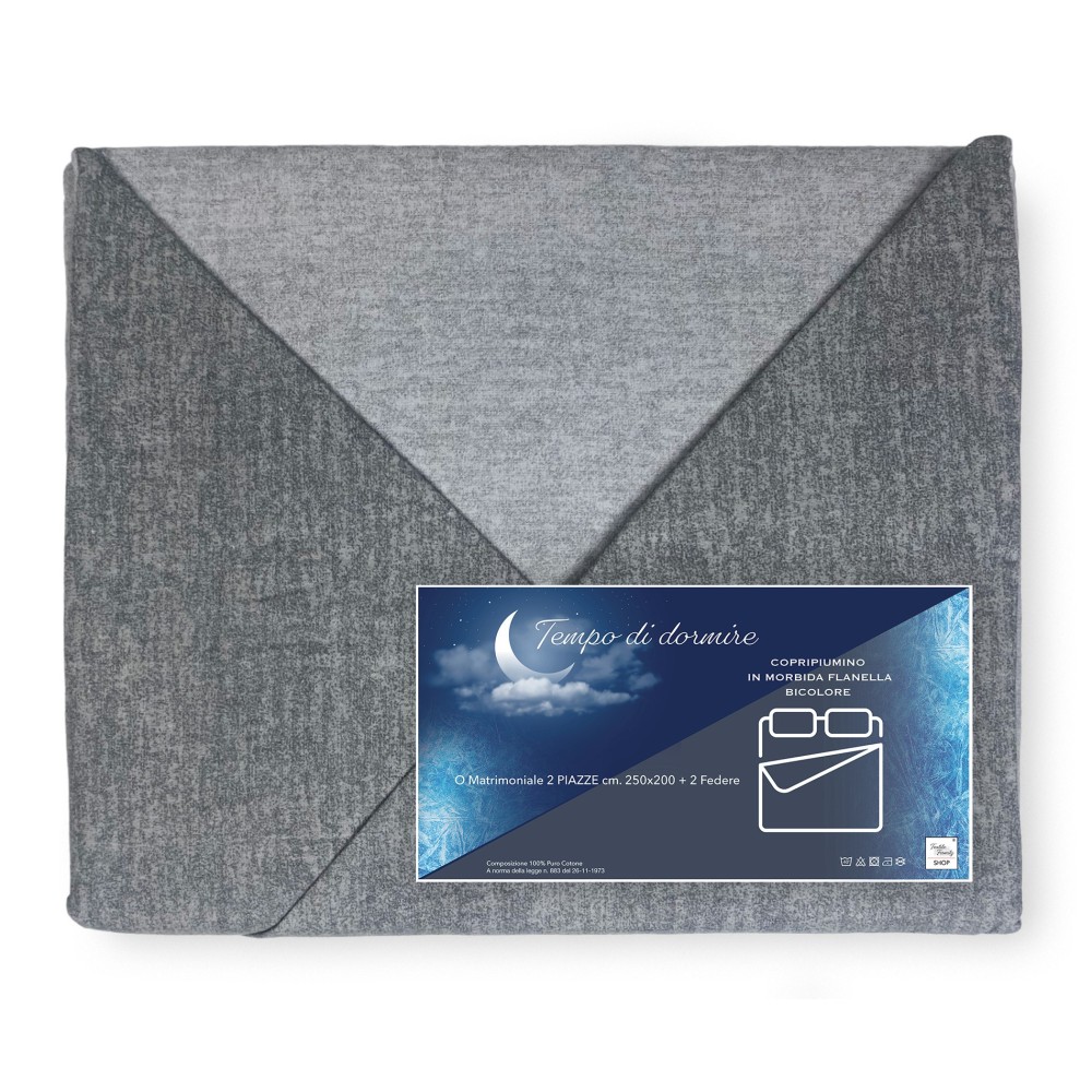 BETTBEZUG AUS FLANELLATO ZWEIFARBIGER GRAUER FLANELLATO AUS REINER BAUMWOLLE