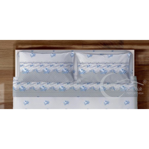 COMPLETO lenzuola LENZUOLA FIORE Azzurro in Puro Cotone Made in Italy