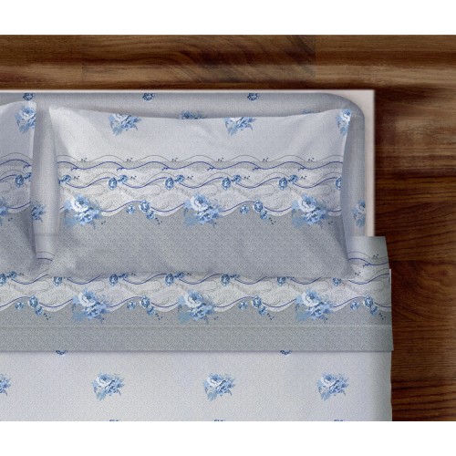 FEUILLES COMPLÈTES FIORE Azzurro en pur coton fabriqué en Italie