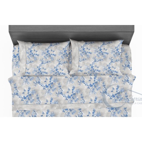 lenzuolo in puro cotone con fiori stilizzati sul blu