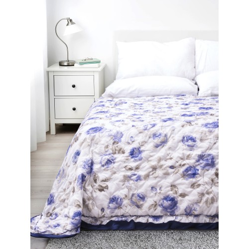 GESTEPPTE TAGESDECKE BOUTISS MIT BLUMEN Classic BLAU Doppelt