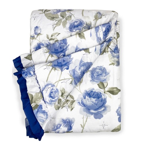 QUILTED BEDSPREAD BOUTISS WITH FLOWERS Classic BLUE Double
