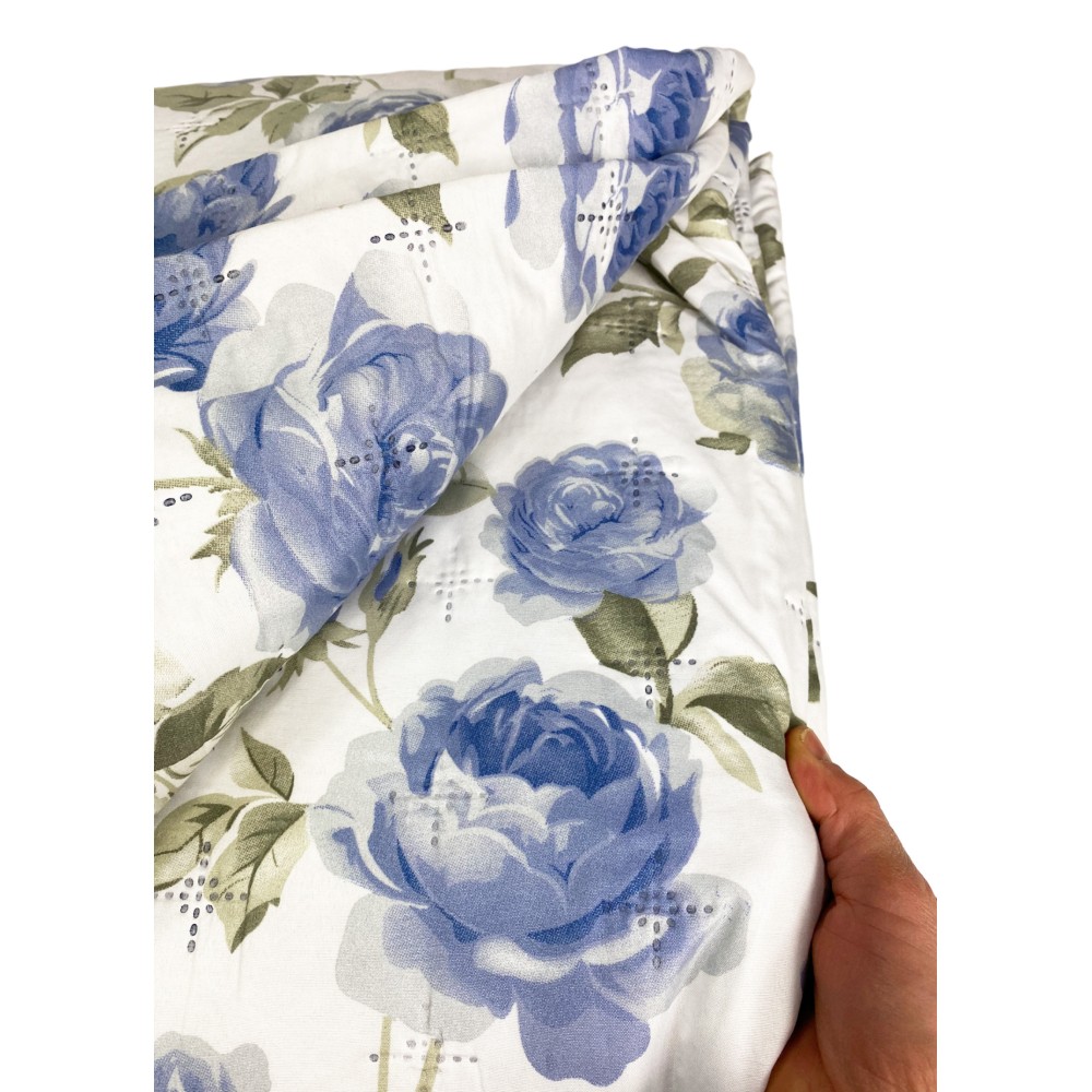 QUILTED BEDSPREAD BOUTISS WITH FLOWERS Classic BLUE Double
