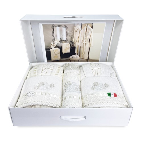 CAORI BADESET FROTTEE-BADEMÄNTEL BESTICKT MIT MAKRAMEE-SPITZE 8-teilig IDEA SPOSA