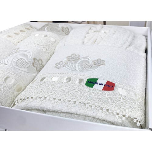 CONJUNTO DE BAÑO CAORI ALBORNOCES DE RIZO BORDADOS CON ENCAJE MACRAMÉ 8 Piezas IDEA SPOSA