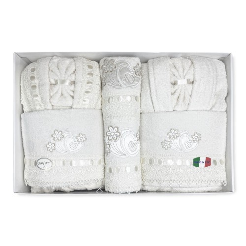 COMPLETO bagno CAORI Accappatoi IN SPUGNA ricamato CON PIZZO MACRAMÈ 8 Pezzi IDEA SPOSA