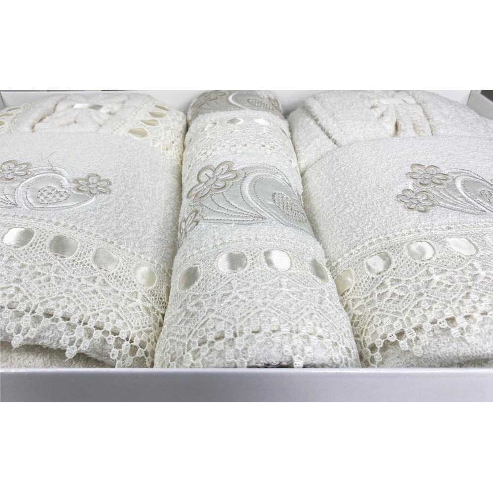 CAORI BADESET FROTTEE-BADEMÄNTEL BESTICKT MIT MAKRAMEE-SPITZE 8-teilig IDEA SPOSA