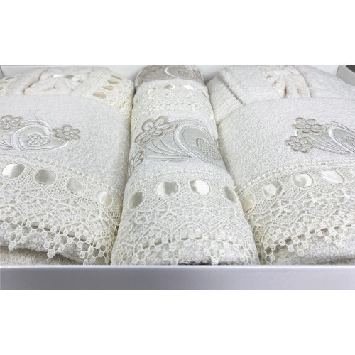 CAORI salle de bain REIGNOIRS COMPLETS EN SPUGNA brodés DENTELLE DE MACRAMÉ 8 pièces IDÉE NUPTIALE