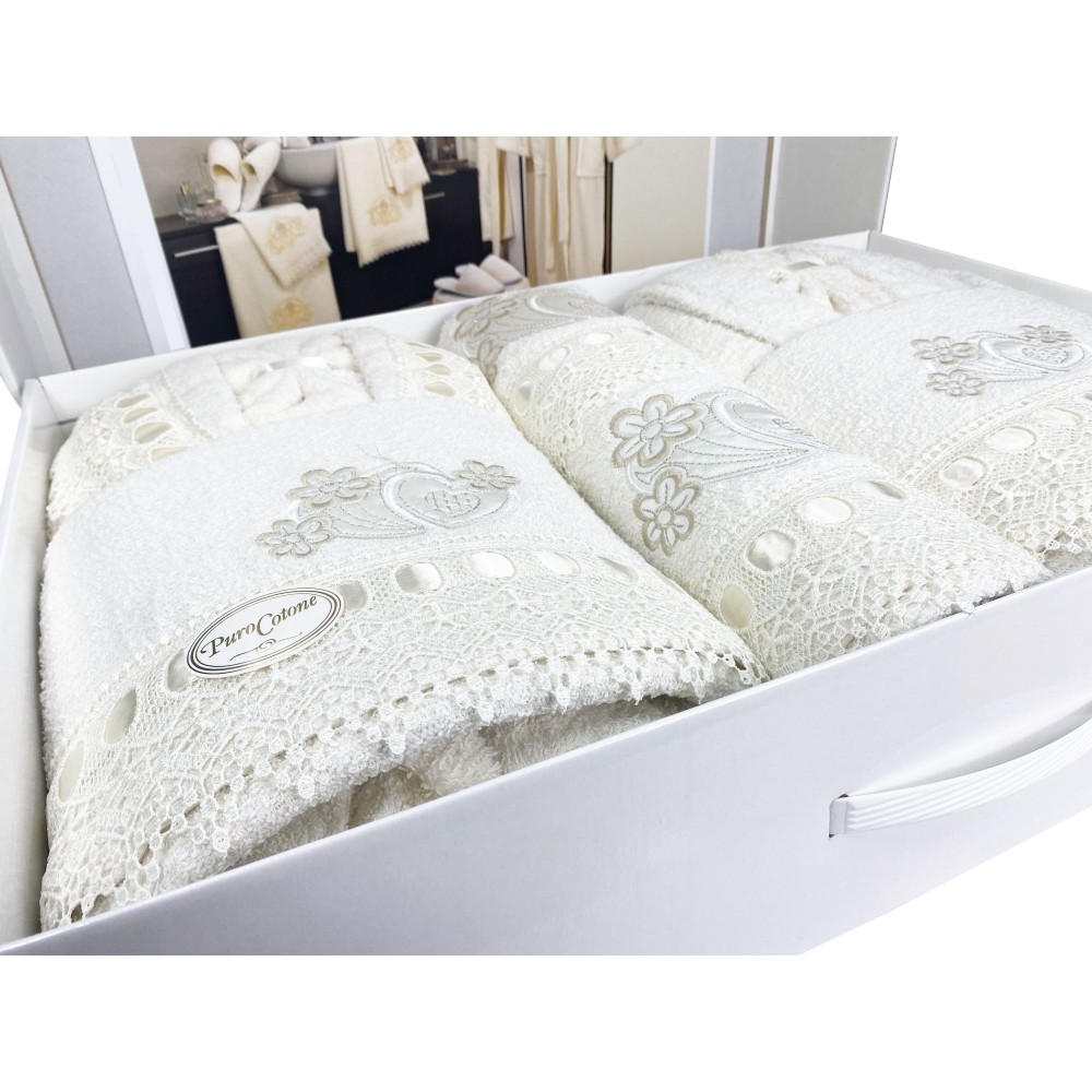 COMPLETO bagno CAORI Accappatoi IN SPUGNA ricamato CON PIZZO MACRAMÈ 8 Pezzi IDEA SPOSA