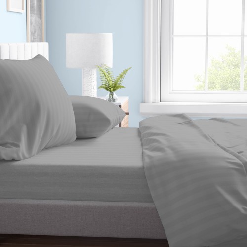 SHEET SET in soft microfiber SOLID COLOR Rasatello Striped Light Gray Double 2 SQUARES no iron