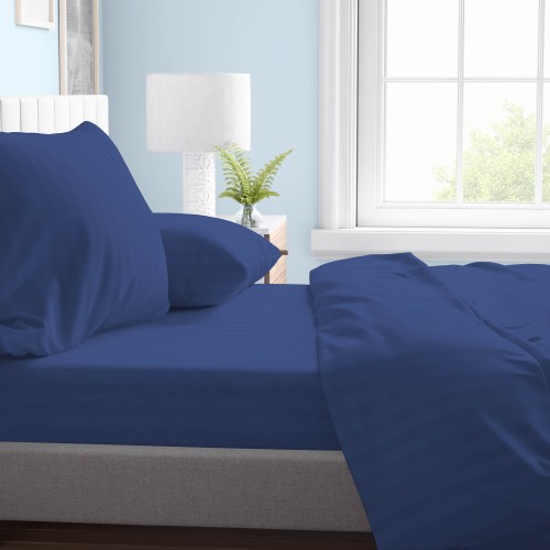 SHEET SET in soft microfiber SOLID COLOR Sateen Striped Blue Double 2 SQUARES no iron