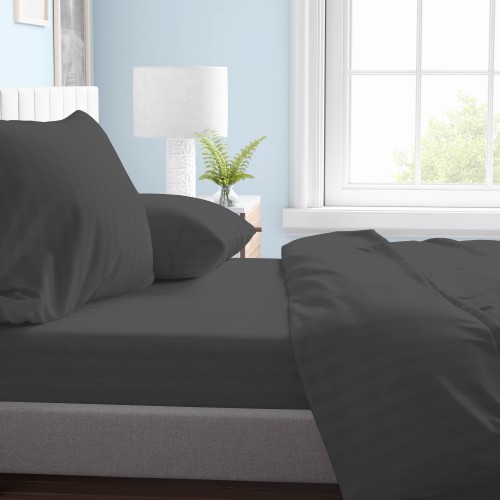 SHEET SET in soft microfiber SOLID COLOR Sateen Striped Dark Gray Double 2 SQUARES no iron