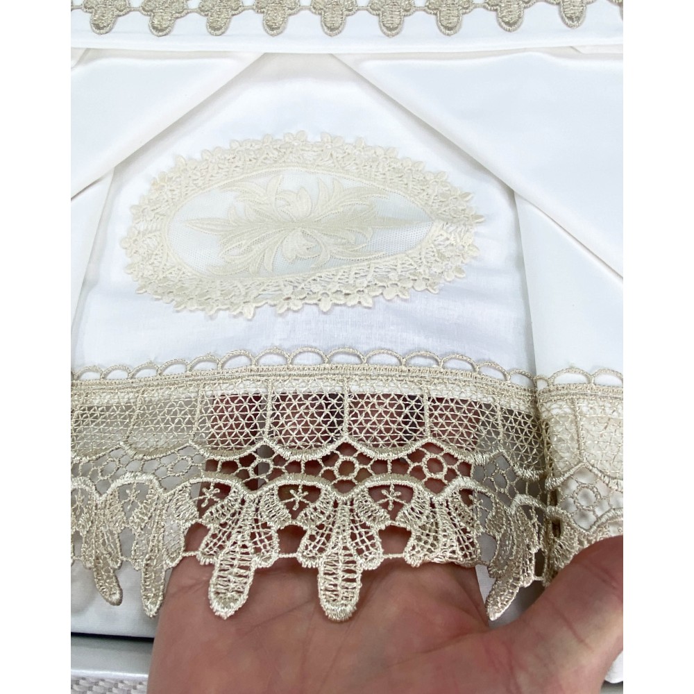 BAULETTO JENNY CON pizzo MACRAMÈ ECRÙ MATRIMONIALE lenzuolo e COPRILETTO idea SPOSA