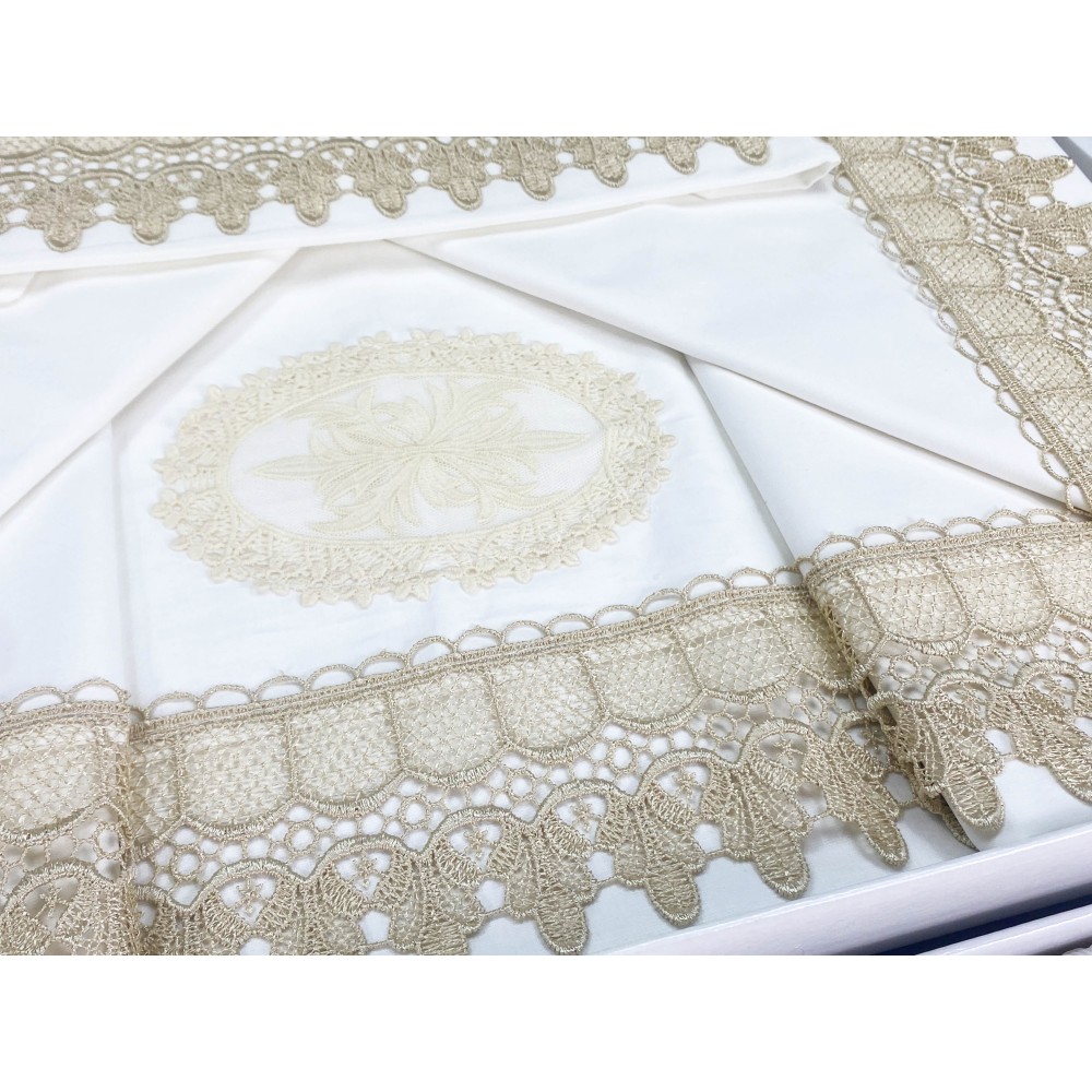 BAULETTO JENNY CON pizzo MACRAMÈ ECRÙ MATRIMONIALE lenzuolo e COPRILETTO idea SPOSA