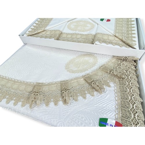 JENNY UMHÄNGETASCHE MIT MAKRAMEE ECRU DOPPELBETTLAKEN und TAGESDECKE Brautidee