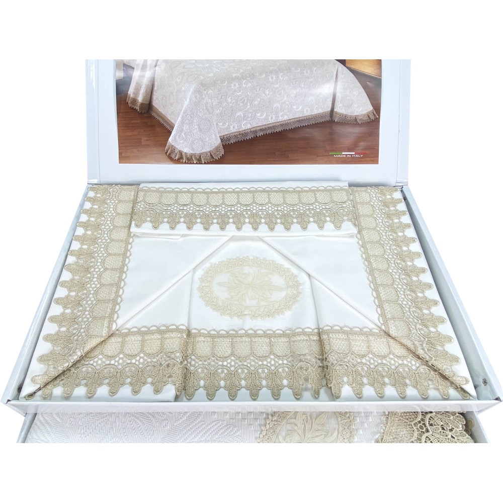 BAULETTO JENNY CON pizzo MACRAMÈ ECRÙ MATRIMONIALE lenzuolo e COPRILETTO idea SPOSA