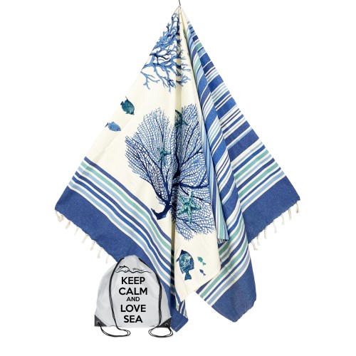 SERVIETTE DE PLAGE FOUTA CORAL BLUE taille LARGE avec sac à dos Beach KEEP CALM CM.100X200