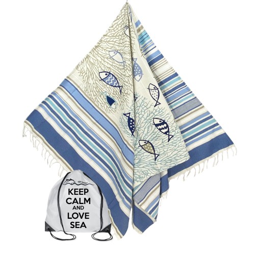 BEACH TOWEL fouta FISH blue LARGE SIZE CM.100X200 with backpack Beach KEEP CALM