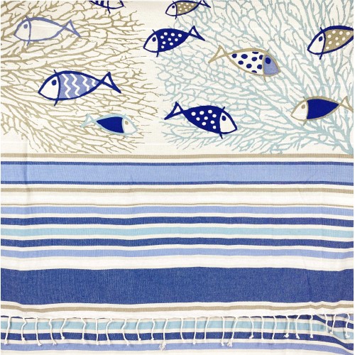 TOALLA DE PLAYA fouta FISH azul TAMAÑO GRANDE CM.100X200 con mochila Beach KEEP CALM