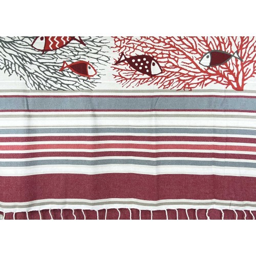 SERVIETTE DE PLAGE FOUTA TAILLE DE POISSON ROUGE Grand CM.100X200 avec sac à dos Plage RESTEZ CALME