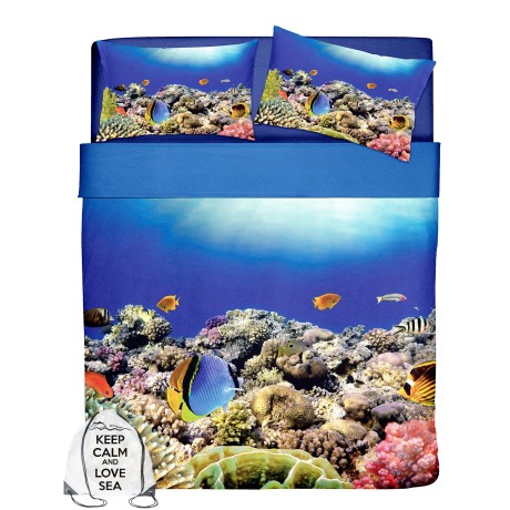 completo letto con funzione anche di copriletto stampato con pesci enbarriera corallina