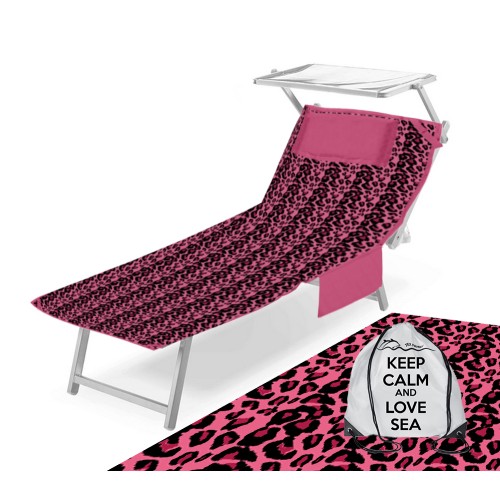 BEACH TOWEL TEDDY SUN LOUNGER LEOPARD PINK in microfiber WITH POCKETS SIZE cm. 80 X 190