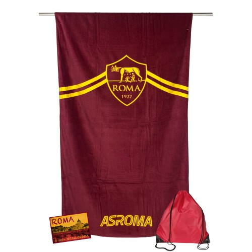 TELO mare SPORT ROMA misura GRANDE CM. 90 X 170 originale A.S. ROMA CON ZAINO TEXFAMILY e cartolina ROMA È SOLO