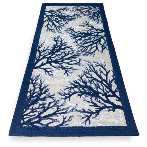 Tapis fabriqué en Italie avec des coraux sur bleu dans le style de la mer, bordé de bleu, Made in Italy