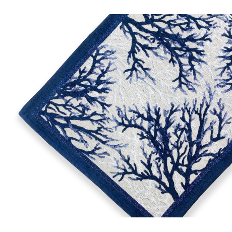 Tapis fabriqué en Italie avec des coraux sur bleu dans le style de la mer, bordé de bleu, Made in Italy