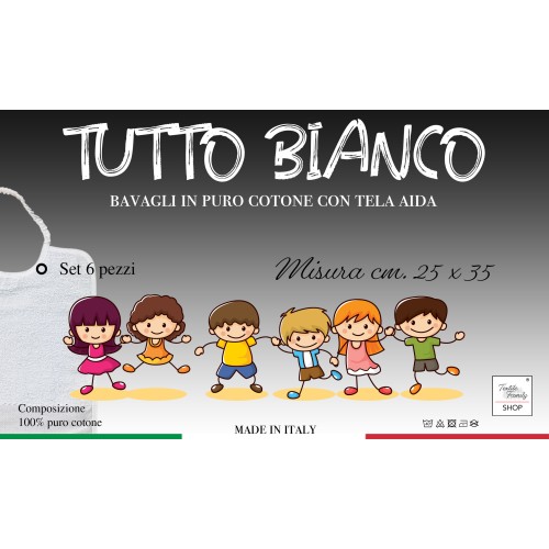 SET 6 BAVOIRS POUR ENFANTS EN COULEUR UNIE TOUT Blanc avec élastique en Coton Pur avec toile AIDA pour broder le nom