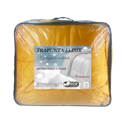 QUILT Bettdecke aus weichem gelbem Samt GOLD Federeffekt 2 Quadrate doppelt ELISIR