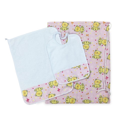 KINDERGARTEN SET Pierino Tris SACK and TOWEL and Bib Drawing TEDDY BEAR