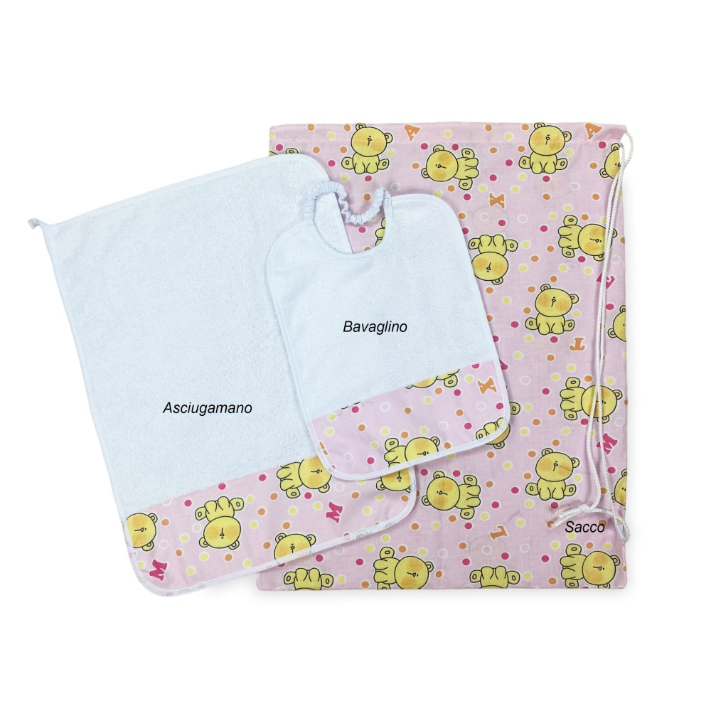 KINDERGARTEN SET Pierino Tris SACK and TOWEL and Bib Drawing TEDDY BEAR