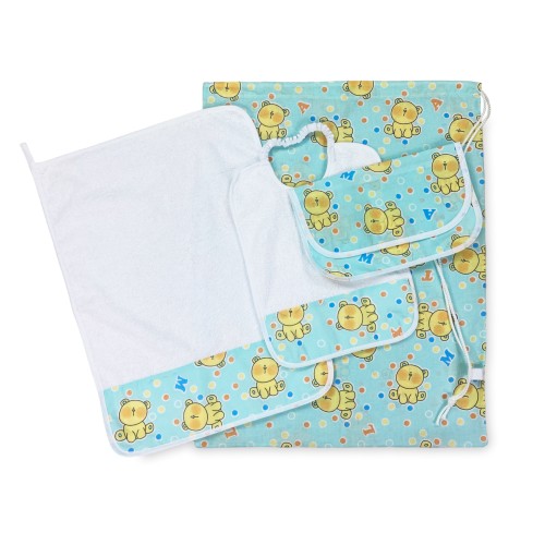 SET ASILO Pierino 4-teilig Sack und Handtuch und Lätzchen und Beutel Teddybär Design