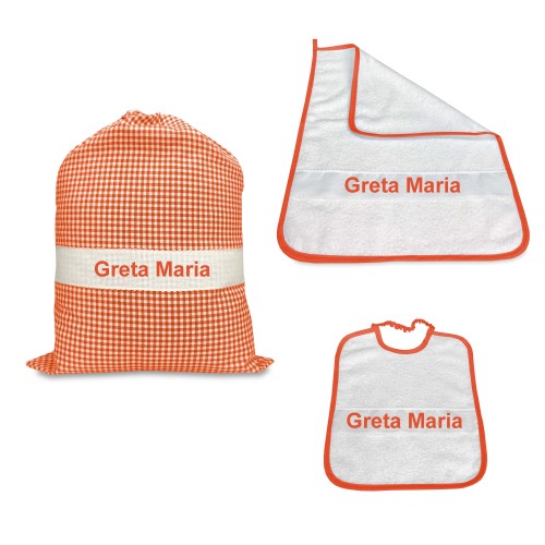 CONJUNTO Asilo TRIS Saco y TOALLA y CORCHO CUADROS Personalizado y BORDADO