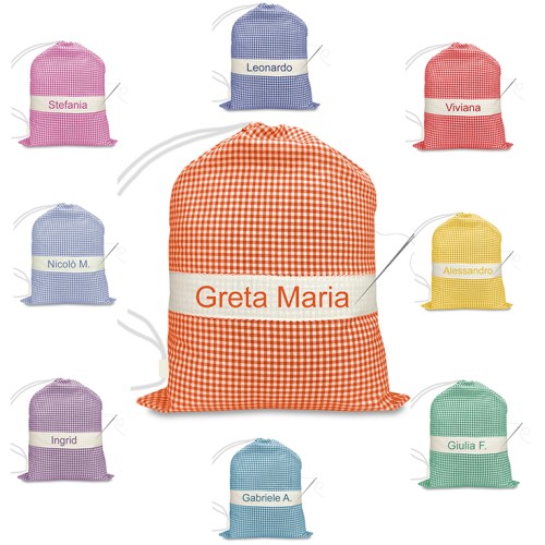 Brodé et personnalisé jardin d’enfants sac taille GRAND MAXI cm. 45x60 À CARREAUX