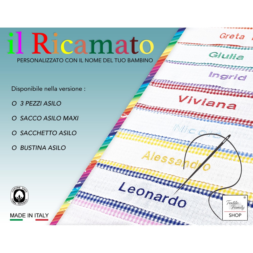 TOVAGLIETTA e Tovagliolo ASILO RICAMATA e Personalizzata a QUADRETTI