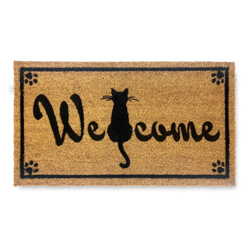 simpatico tappeto zerbino stampato con gatto nero e scritta welcome