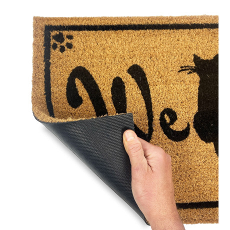 Joli tapis paillasson imprimé d’un chat noir et d’un lettrage de bienvenue