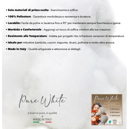 Guata suave y escamosa 100% Poliéster Made in Italy para rellenar Muñecas, Cojines y Creaciones DIY, Blanco Puro