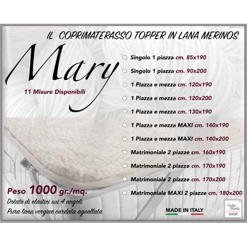 MARY MATTRESS TOPPER in real MERINO WOOL 1000 gr. in 11 different sizes