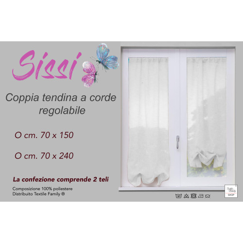 COPPIA tendina SISSI a VETRO MODERNA larga cm 70 Regolabile a Cordine BIANCO