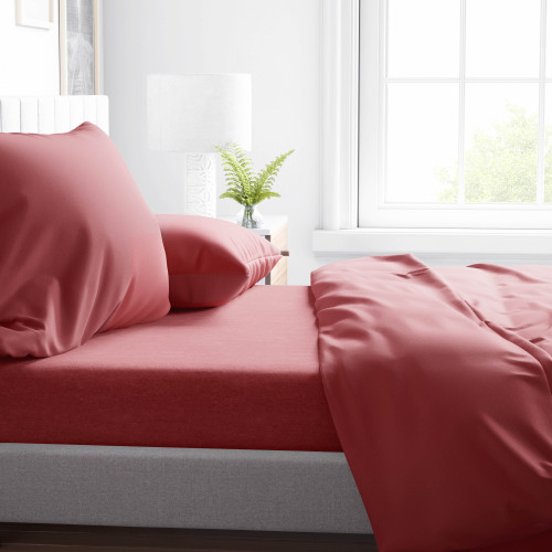 SHEET SET in soft microfiber SOLID RED 2 SQUARE double bed no iron