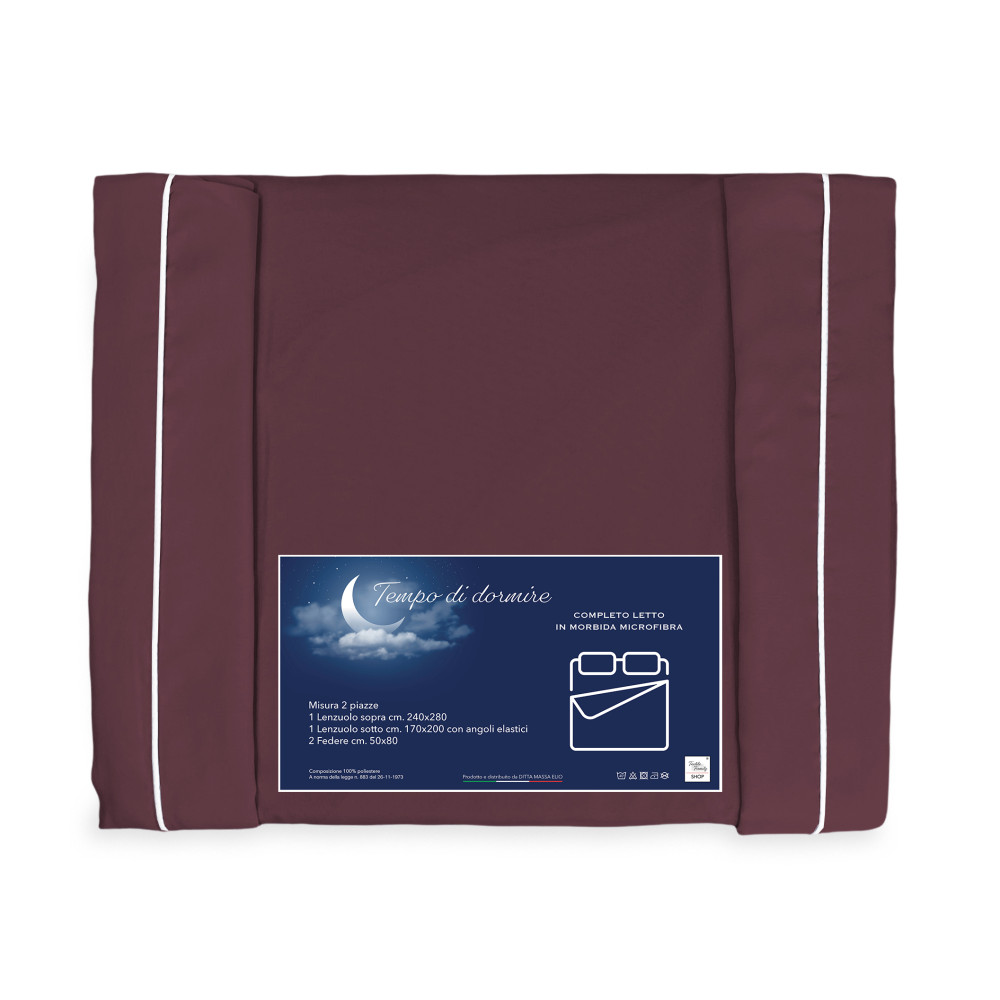 COMPLETO LENZUOLO in morbida microfibra TINTA unita BORDEAUX Scuro Matrimoniale 2 PIAZZE no stiro