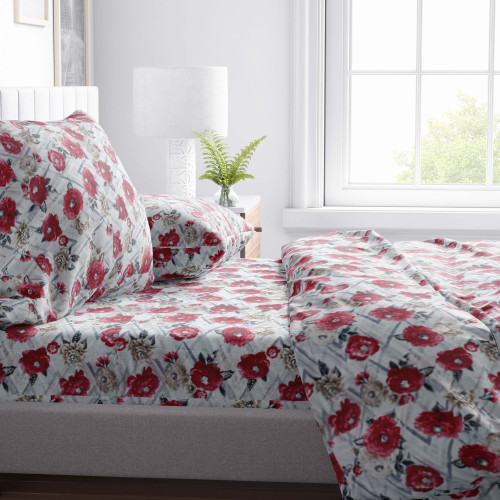 FULL SHEET in soft microfiber FIORE Red Double 2 SQUARES no iron