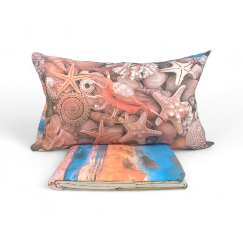 SET TAGESDECKE DIGITALDRUCK STRAND und SEA Tagesdecke mit 2 DOUBLE KEEP Tasche