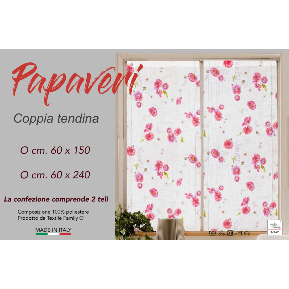 Par de cortinas de cristal AMAPOLAS de cm de ancho. 60 de la ventana y la puerta