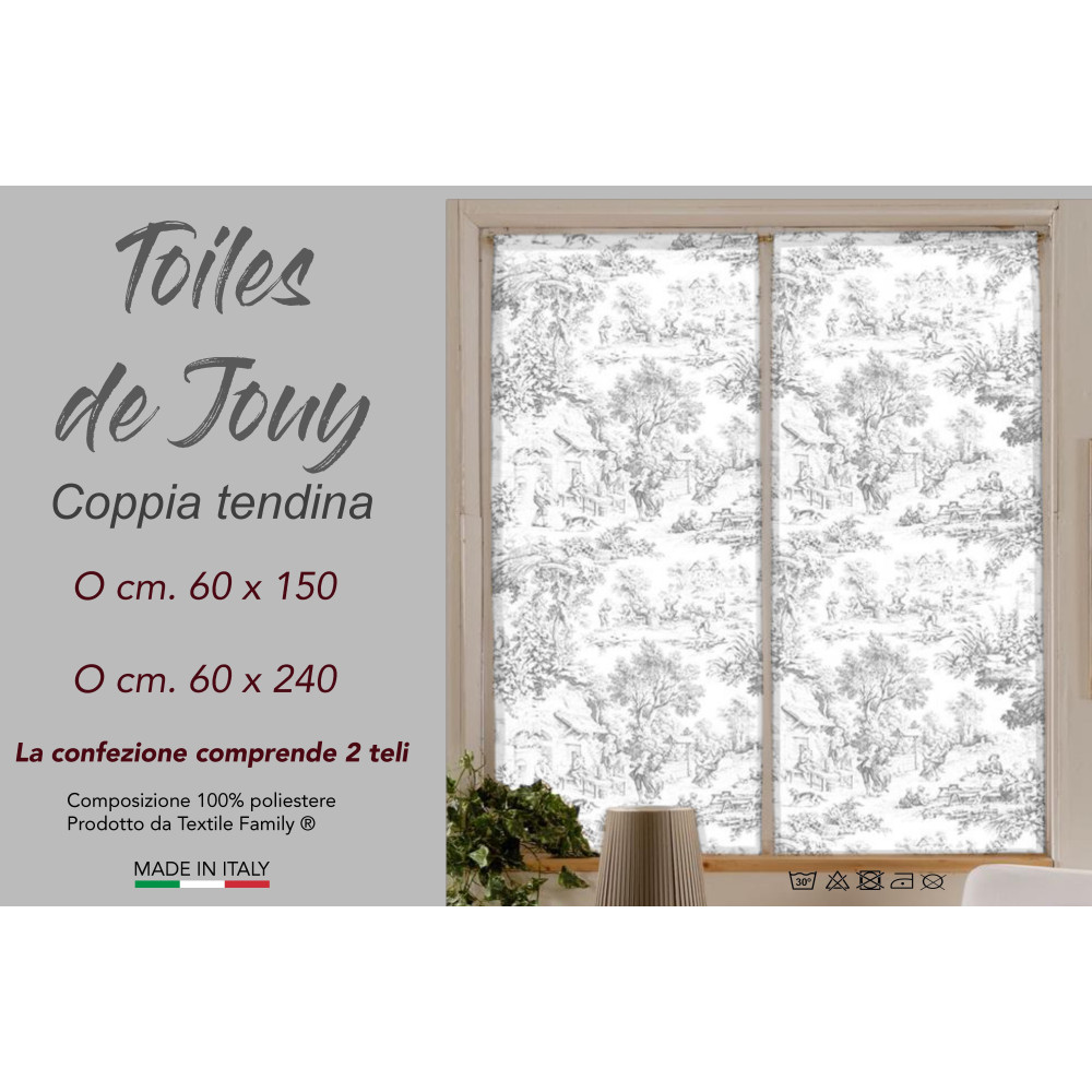 Par de cortinas de cristal TOILES DE JOUY Gris cm. 60 de la ventana y la puerta