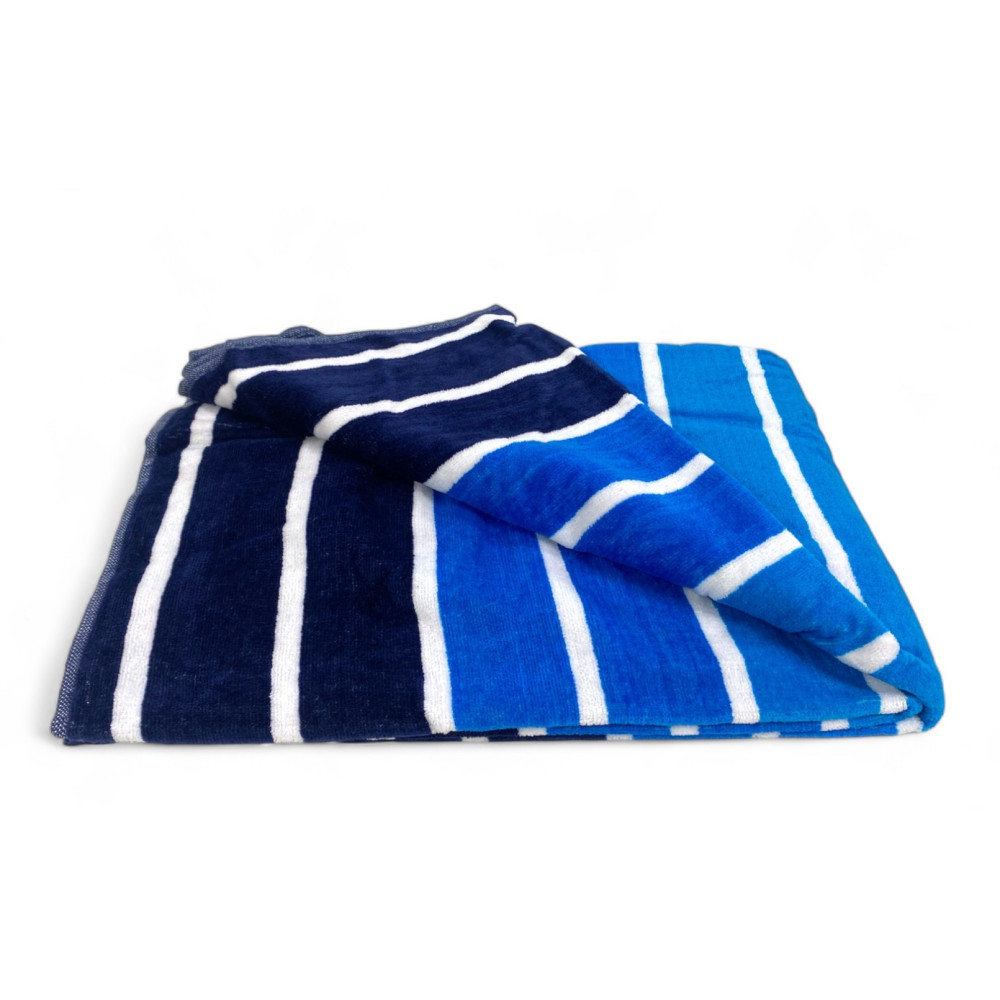 STRANDTUCH aus reinem Baumwollfrottee MULTISTRIPE Blau Größe cm. 90 X 165 und Strandrucksack